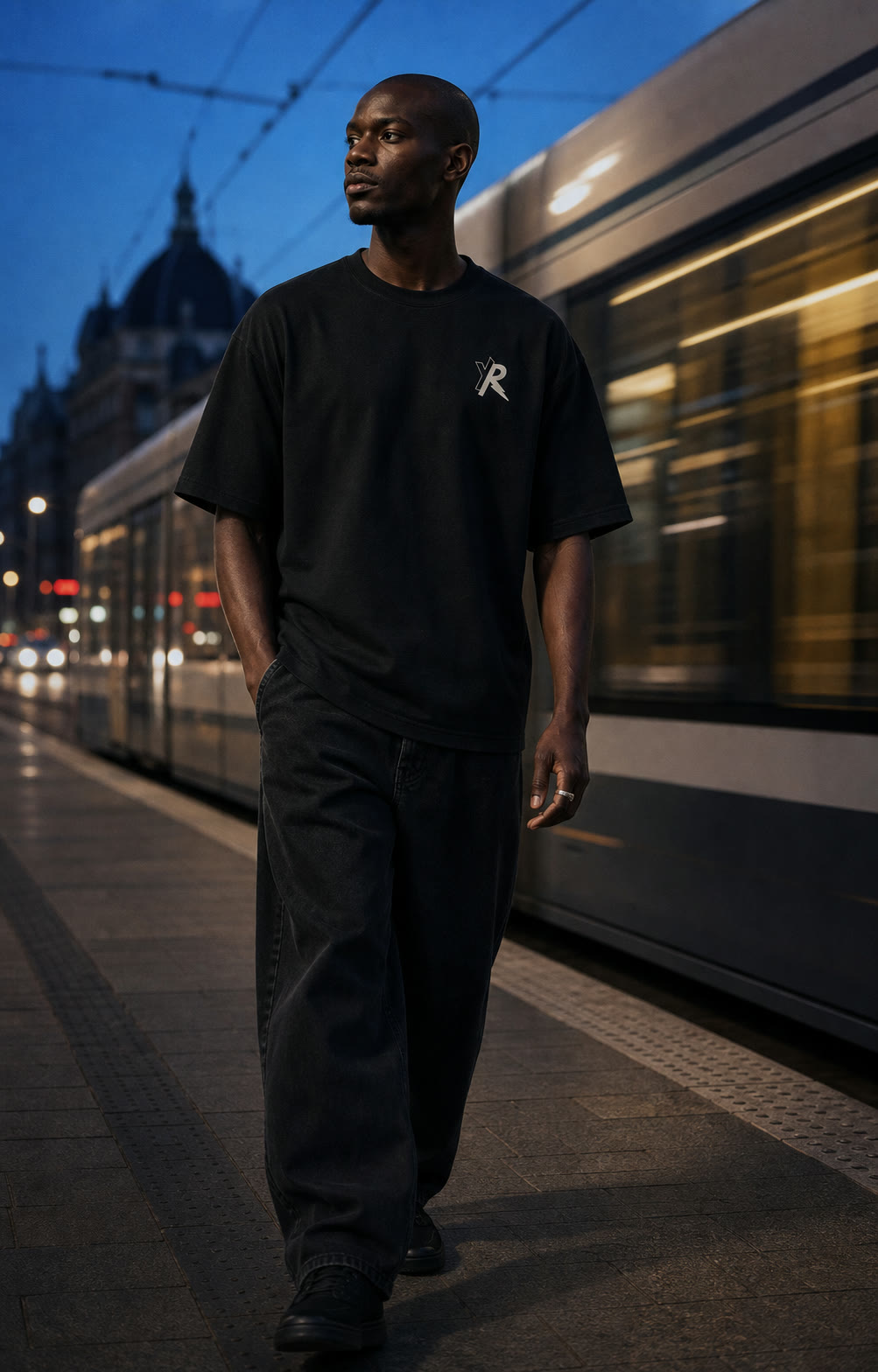 Young man wearing the Black Signature T-shirt campaign visualization beside a tram at blue hour